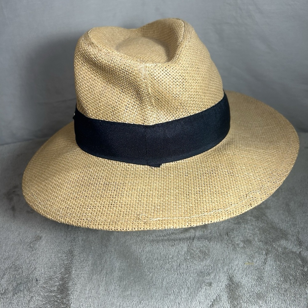 Karfil Hats Greece Woven Straw Fedora Sun Hat Beige Black Band Size M Medium - Picture 4 of 11